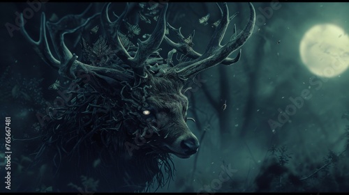 Fantasy deer in the forest with full moon