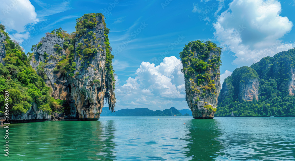 island in Phuket, Thailand with lush green mountains and turquoise water, showcasing the iconic rock formation on the thin islet between two islands