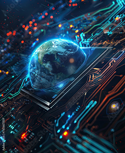 A hightech chip with the planet Earth in closeup on top of it, with an electric blue glow and glowing data streams flowing around The scene is set against a spacethemed background
