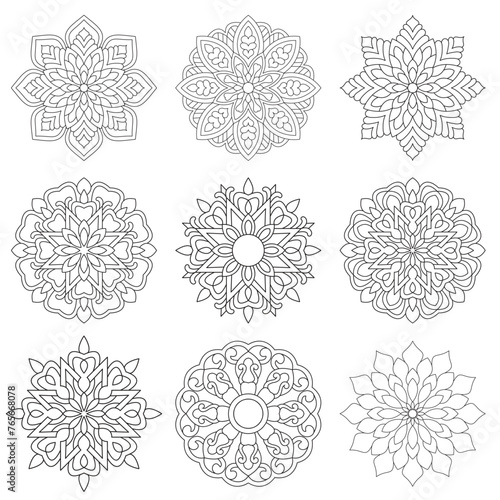 9 Set Unique Mandala For Coloring book Design (ID: 765668078)