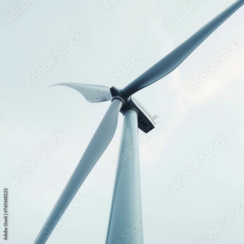 Close-up view of a wind turbine showcasing sustainable energy against a serene blue sky.