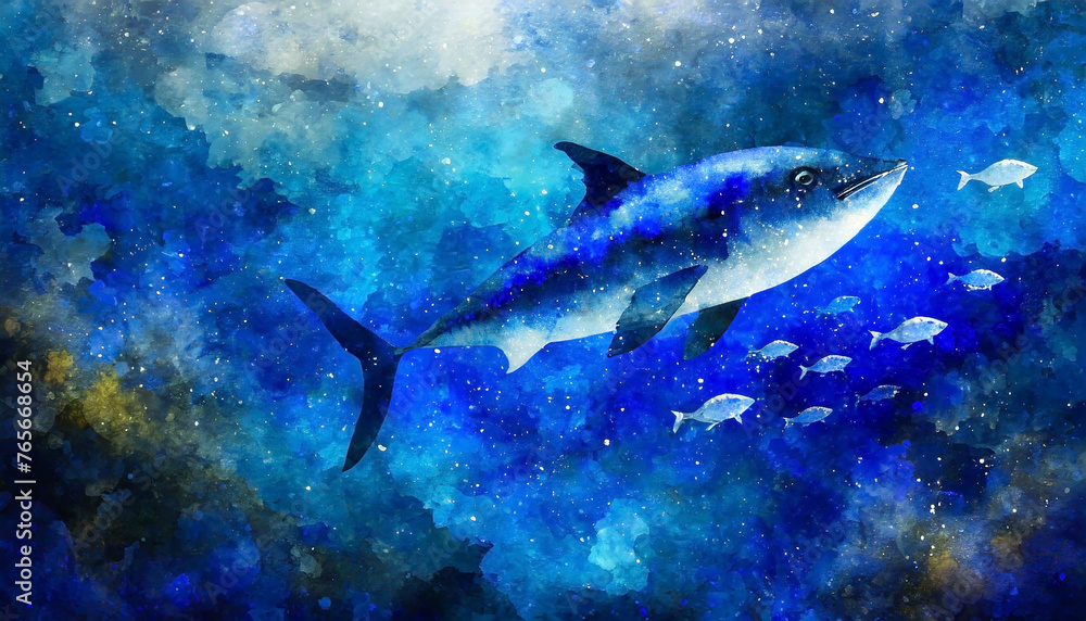 Fototapeta premium マグロと小魚のいる美しい深海の水彩画