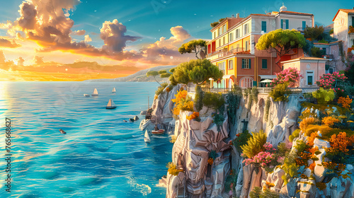 Scenic Mediterranean seascape with a coastal village, embodying summer travel, architecture, and the serene beauty of Italys coastline photo