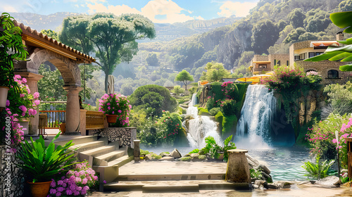 Scenic Nature Landscape with Waterfall, Green Forest and River, Travel and Tourism Concept in Beautiful Park