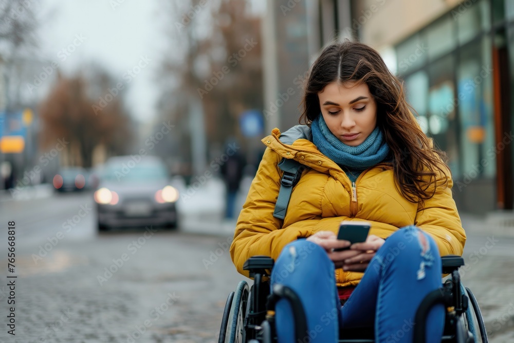 Woman Using Smartphone While Sitting in Wheelchair on Urban Street. Woman Using Smartphone While Sitting in Wheelchair on Urban Street.