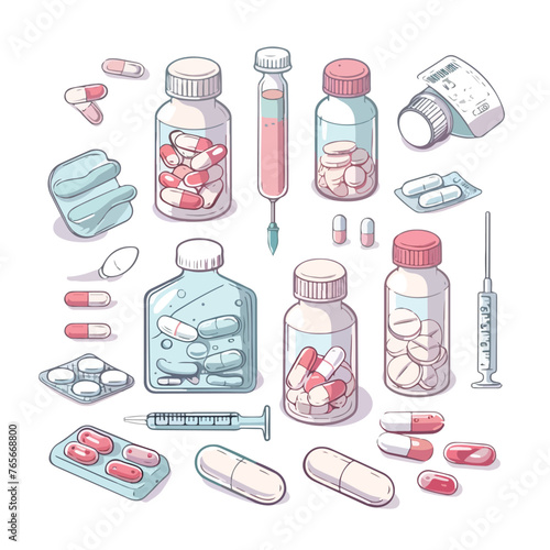 Medical pills bottles patch and thermometer set iso