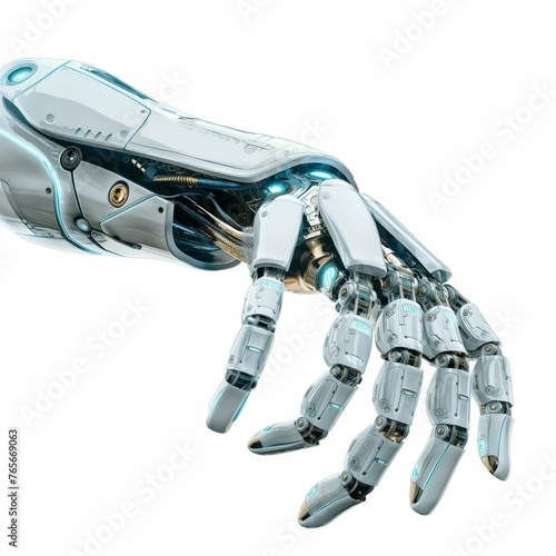 Close-up view of a futuristic robotic hand with highly detailed mechanical parts.