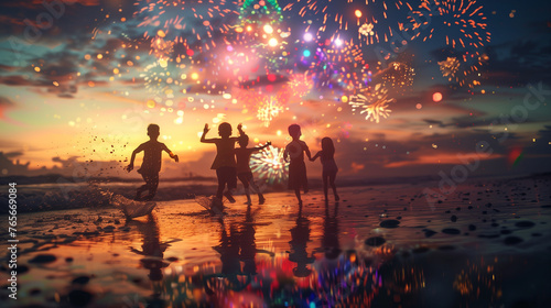 Joyful Silhouettes of Children Playing on Beach at Sunset with Fireworks