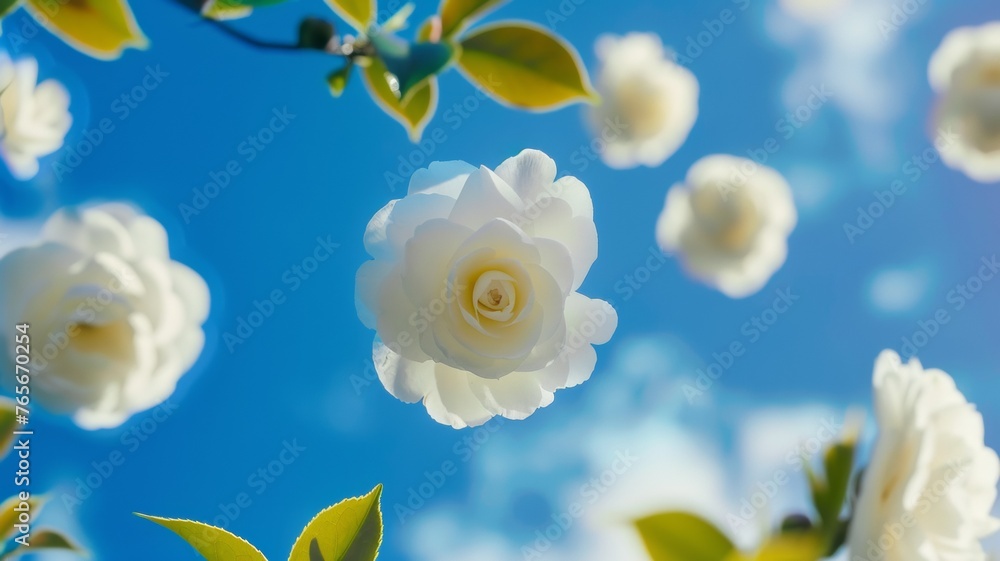 Fototapeta premium white camellias surround a floating camellia flower,