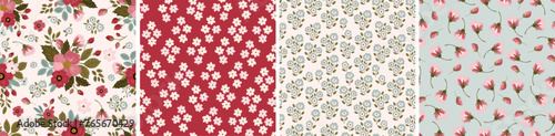 Set of bright colorful floral summer seamless patterns for fabric, wallpaper, clothing, stationery printing. Collection of meadow roses floral repeating backgrounds, digital papers