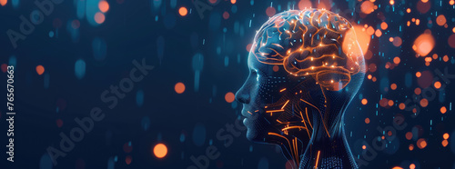 Artificial Intelligence and Human Kel oldugENA, digital brain in the background, glowing lights, futuristic technology concept, dark blue background with orange #765670663