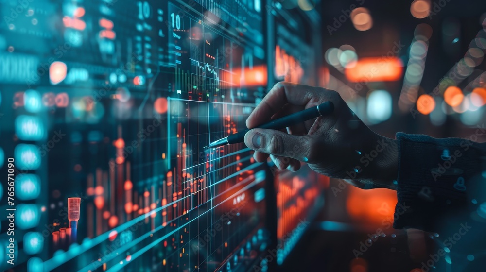 Entrepreneur sketching growth graph line with hologram data icon Entrepreneur sketching growth graph line with hologram data icon