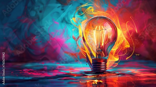 Detailed illustration of a glowing light bulb surrounded by swirling colors and shapes