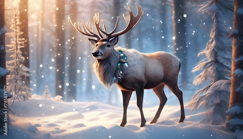 Deer in winter in snowy forest  background  Christmas
