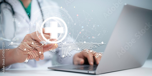 Medical worker touch plus icon for healthcare medical icon. Health insurance health concept. Digital healthcare and network connection interface, Global health care. Medical technology