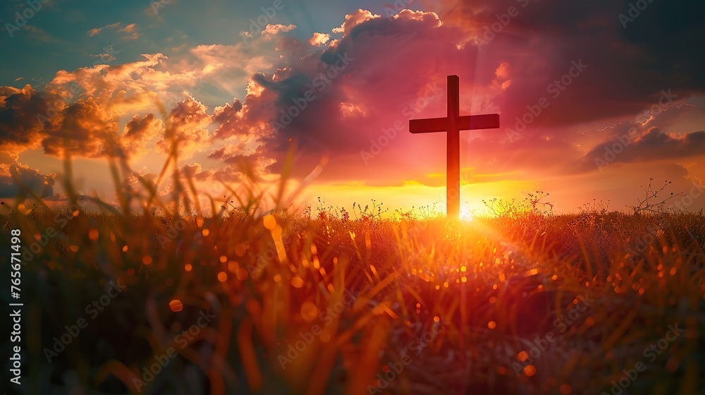 Wonderful Cross at sunset in a field, Ascension day concept, Christian Easter, Faith in Jesus Christ