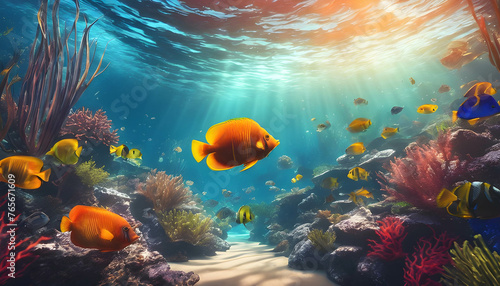 Colorful marine life in an underwater aquarium and vibrant coral reef in the Red Sea, background © Lunasnow
