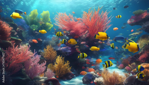 Colorful marine life in an underwater aquarium and vibrant coral reef in the Red Sea  background