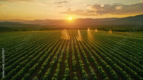 watering corn field or maize field at agriculture farm in the morning sunrise
