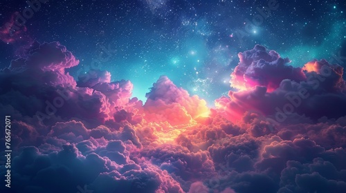 Magical sky with fluffy, glowing clouds under the stars