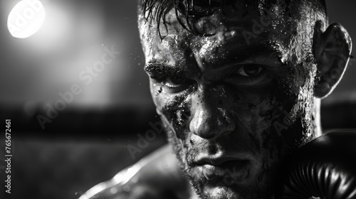 A black and white image of a boxer's face, bloodied but determined, staring intently at their opponent during a heated match. Highlight the grit and resilience of athletes. photo