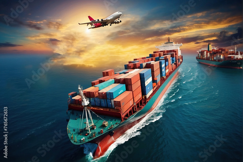 cargo ship in the sea with aero plane flying over them 