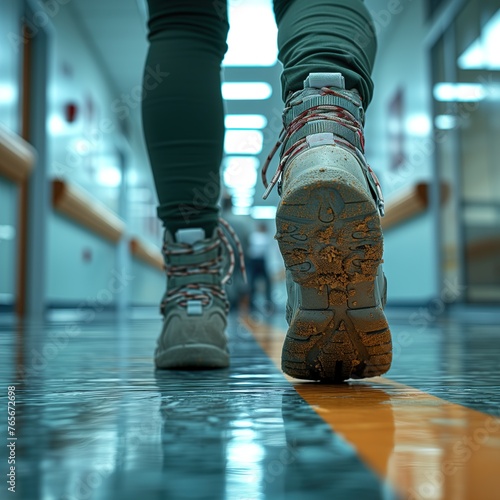 Close-up of muddy hiking boots taking steps in an indoor corridor, suggesting a journey