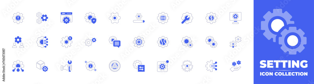 Setting icon collection. Duotone style line stroke and bold. Vector illustration. Containing settings, cogwheel, connection, setting, web maintenance, update, gear, support, repair, server, global.