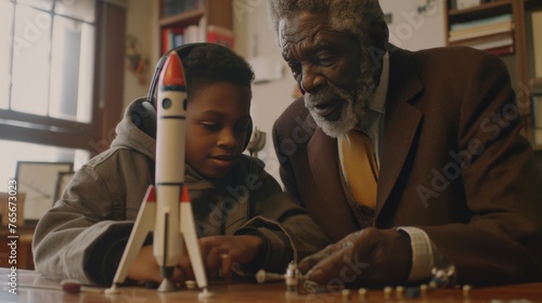A Black grandfather, dressed in a sharp suit, mentors his teenage grandson, who wears a hoodie and headphones, on building a model rocket together.