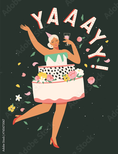 Beautiful girl dressed in a cake dress celebrates her birthday dancing with a glass YAY. Cute card and poster for the spring holiday