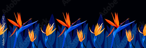Tropic floral seamless border pattern with modern yellow, orange color strelitzia, and blue leaves background, hand drawing illustration © LilaloveDesign