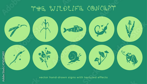 Vector wildlife signs. Hand drawn illustration of animal kingdom, wildlife area emblem. Vector floral drawing. Linoleum print texture. Protected areas symbols design. Engraved wildland icon.