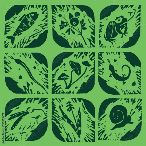 Vector wildlife signs. Hand drawn illustration of animal kingdom, wildlife area emblem. Vector floral drawing. Linoleum print texture. Protected areas symbols design. Engraved wildland icon.