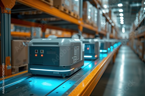 Advanced autonomous robots smoothly operating on conveyor belts in a high-tech warehouse distribution center