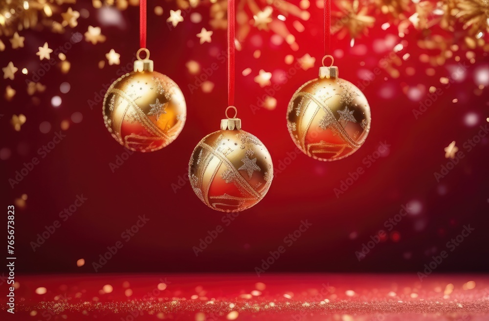 golden balls, stars and snowflakes on a red background, blurred confetti flying in the air, the concept of the New Year and Christmas holiday golden balls, stars and snowflakes on a red background, blurred confetti flying in the air, the concept of the New Year and Christmas holiday