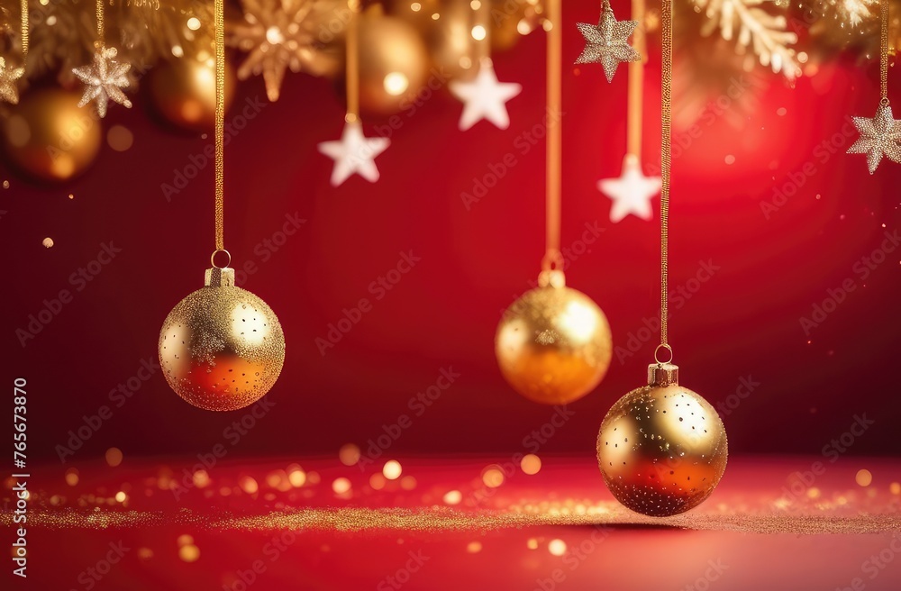 golden balls, stars and snowflakes on a red background, blurred confetti flying in the air, the concept of the New Year and Christmas holiday golden balls, stars and snowflakes on a red background, blurred confetti flying in the air, the concept of the New Year and Christmas holiday