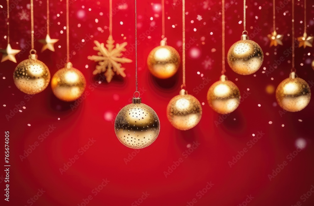 golden balls, stars and snowflakes on a red background, blurred confetti flying in the air, the concept of the New Year and Christmas holiday golden balls, stars and snowflakes on a red background, blurred confetti flying in the air, the concept of the New Year and Christmas holiday