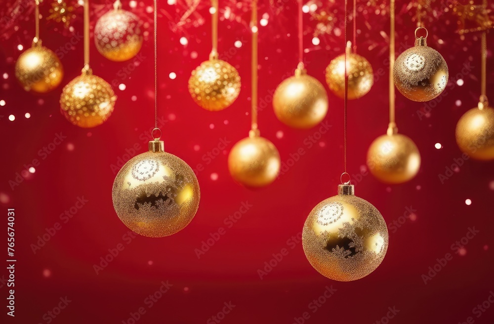 golden balls, stars and snowflakes on a red background, blurred confetti flying in the air, the concept of the New Year and Christmas holiday golden balls, stars and snowflakes on a red background, blurred confetti flying in the air, the concept of the New Year and Christmas holiday
