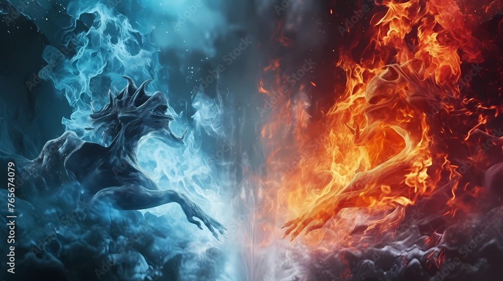 Fire and ice, heat and cold concept Fire and ice, heat and cold concept