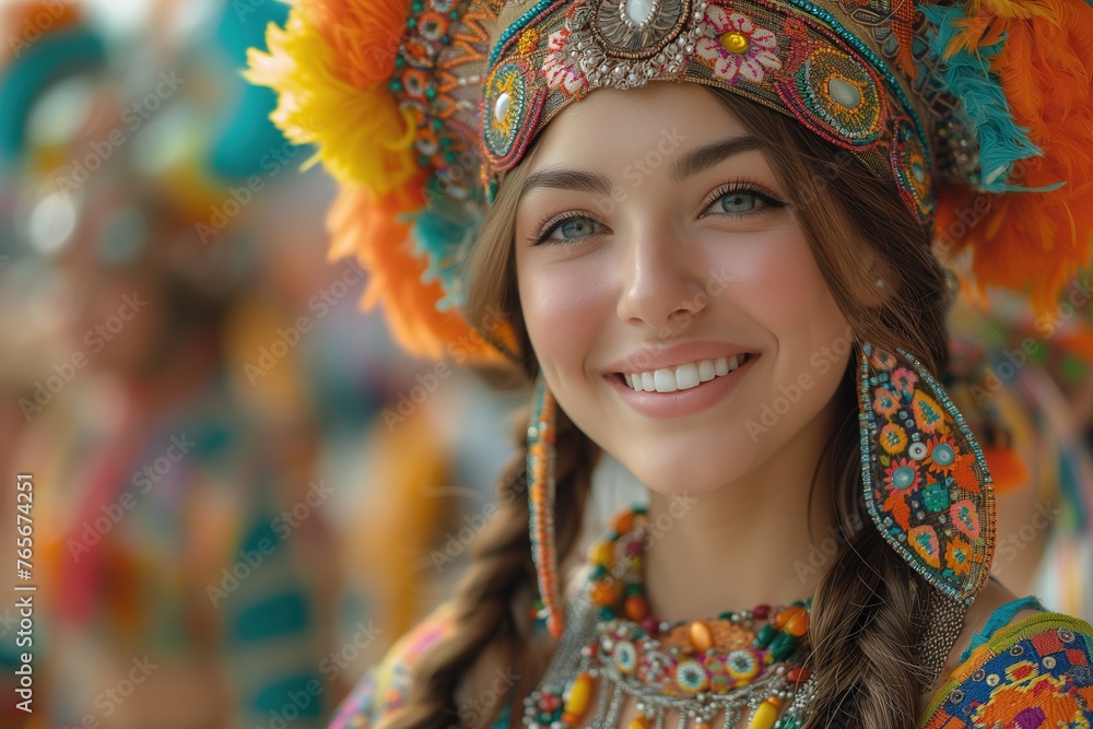 A stunning woman wearing an ornate costume with a radiant smile, representing a joyous traditional celebration