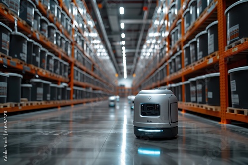 Sleek autonomous robotic vehicle navigating through the aisles of a high-tech warehouse storage facility