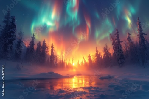 A breathtaking view of the aurora borealis dancing above a snowy, serene forest landscape, symbolizing the beauty of nature