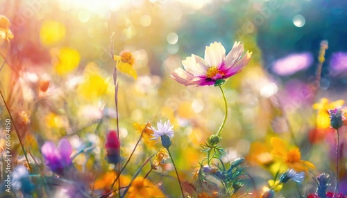 meadow flowers in early sunny fresh morning. Vintage autumn landscape background.  © blackdiamond67