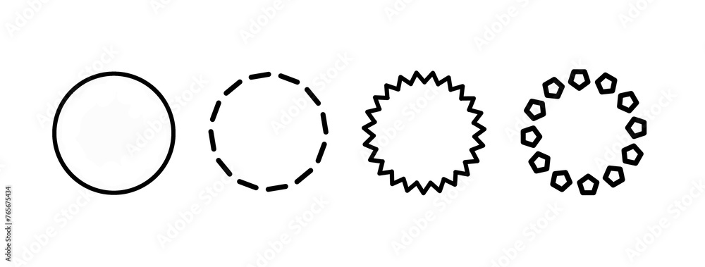 Set of circle outlines of different shapes. Circle, dashed outline, zigzag outline, geometric outline illustration isolated on white background - obrazy, fototapety, plakaty 