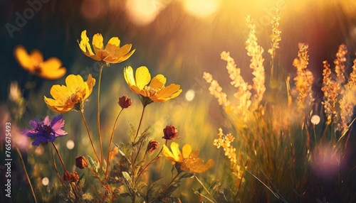 meadow flowers in early sunny fresh morning. Vintage autumn landscape background. 