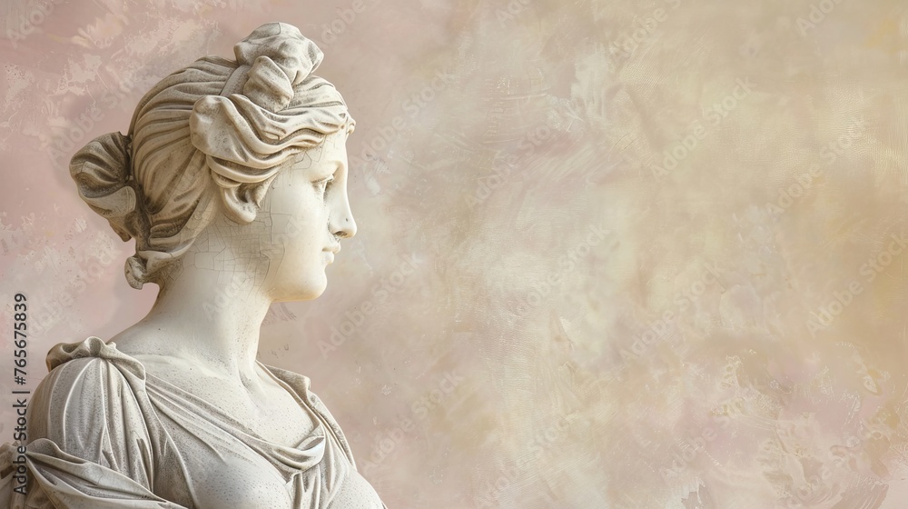 Naklejka premium A classic marble sculpture of a woman with copy space, captured in profile with a soft pastel background, embodying timeless beauty and elegance
