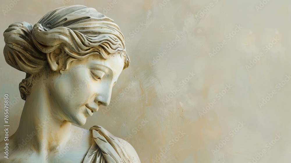 A classic marble sculpture of a woman with copy space, captured in profile with a soft pastel background, embodying timeless beauty and elegance