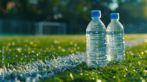 Two water bottles rest on a sunlit soccer field with grass glistening. photo