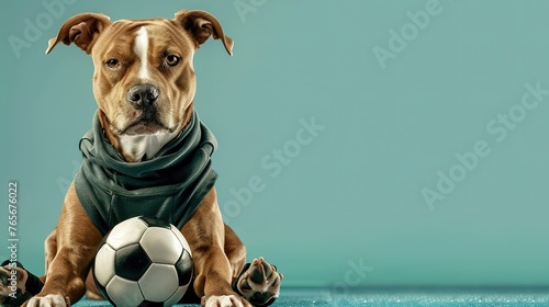 A stoic dog in a scarf with a soccer ball ready to play. © Larisa