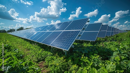 Clean energy generated by wind turbines, power plants and solar cells surrounded by green fields.